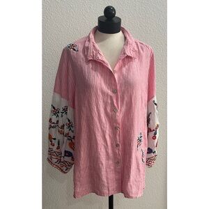 John Mark Pink Linen Button Front Shirt Size X Large Balloon Sleeve Embroidered